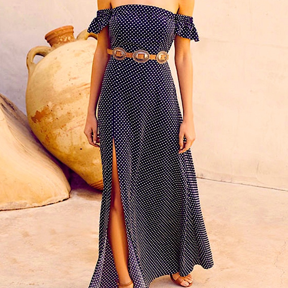 Navy blue polka dot maxi dress